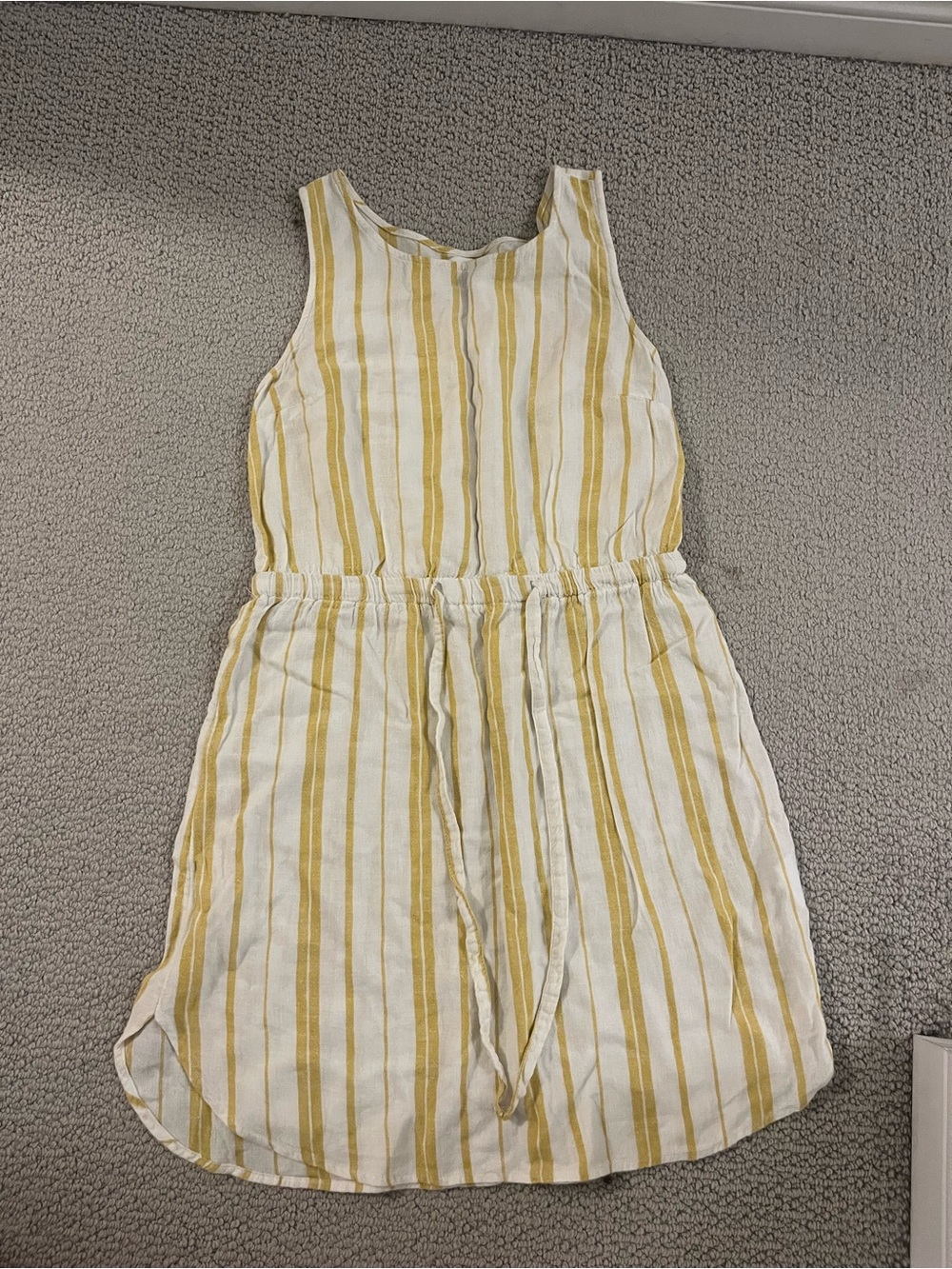Yellow Stripe Linen-Blend Waist Tie Dress